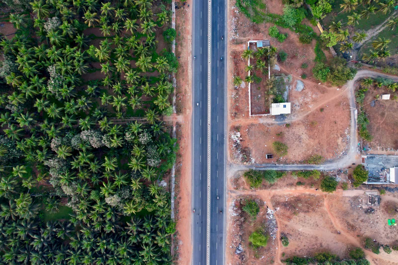 Top-down aerial of a divided highway with dense coconut groves on one side and open red-earth plots on the other